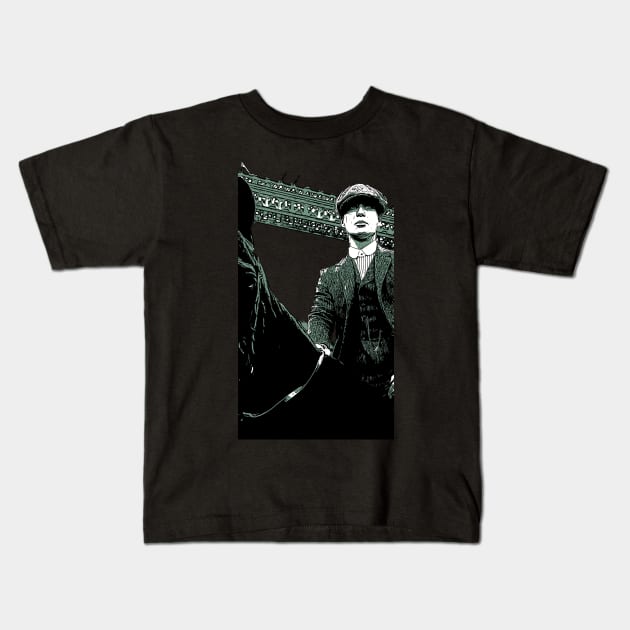 Thomas Shelby sits on his black horse with hat and suit as abstract comic graphic peaky blinders Kids T-Shirt by ComicPrint